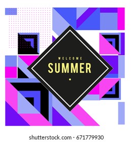 Trendy vector summer cards illustration with elements and abstract colorful textures. Design for holiday vacation poster, card, brochure, and promotion template. Fashion art print and background.