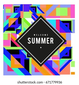 Trendy vector summer cards illustration with elements and abstract colorful textures. Design for holiday vacation poster, card, brochure, and promotion template. Fashion art print and background.