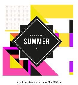 Trendy vector summer cards illustration with elements and abstract colorful textures. Design for holiday vacation poster, card, brochure, and promotion template. Fashion art print and background.