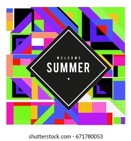 Trendy vector summer cards illustration with elements and abstract colorful textures. Design for holiday vacation poster, card, brochure, and promotion template. Fashion art print and background.