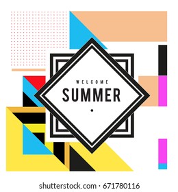 Trendy vector summer cards illustration with elements and abstract colorful textures. Design for holiday vacation poster, card, brochure, and promotion template. Fashion art print and background.