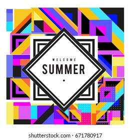 Trendy vector summer cards illustration with elements and abstract colorful textures. Design for holiday vacation poster, card, brochure, and promotion template. Fashion art print and background.