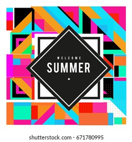 Trendy vector summer cards illustration with elements and abstract colorful textures. Design for holiday vacation poster, card, brochure, and promotion template. Fashion art print and background.
