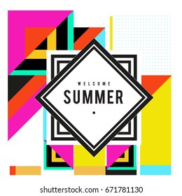 Trendy vector summer cards illustration with elements and abstract colorful textures. Design for holiday vacation poster, card, brochure, and promotion template. Fashion art print and background.