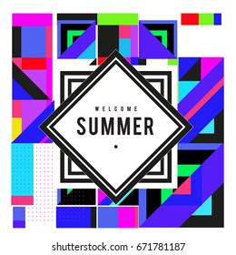 Trendy vector summer cards illustration with elements and abstract colorful textures. Design for holiday vacation poster, card, brochure, and promotion template. Fashion art print and background.