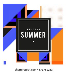 Trendy vector summer cards illustration with elements and abstract colorful textures. Design for holiday vacation poster, card, brochure, and promotion template. Fashion art print and background.