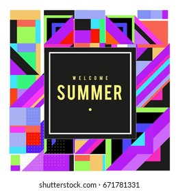 Trendy vector summer cards illustration with elements and abstract colorful textures. Design for holiday vacation poster, card, brochure, and promotion template. Fashion art print and background.