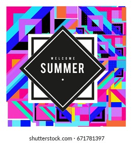 Trendy vector summer cards illustration with elements and abstract colorful textures. Design for holiday vacation poster, card, brochure, and promotion template. Fashion art print and background.