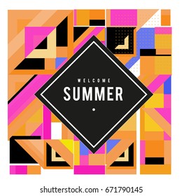 Trendy vector summer cards illustration with elements and abstract colorful textures. Design for holiday vacation poster, card, brochure, and promotion template. Fashion art print and background.