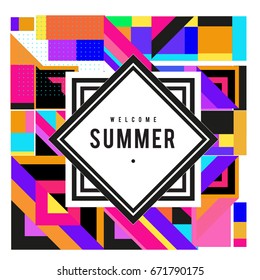 Trendy vector summer cards illustration with elements and abstract colorful textures. Design for holiday vacation poster, card, brochure, and promotion template. Fashion art print and background.