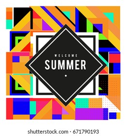 Trendy vector summer cards illustration with elements and abstract colorful textures. Design for holiday vacation poster, card, brochure, and promotion template. Fashion art print and background.