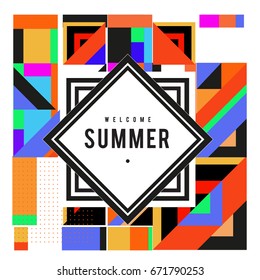 Trendy vector summer cards illustration with elements and abstract colorful textures. Design for holiday vacation poster, card, brochure, and promotion template. Fashion art print and background.