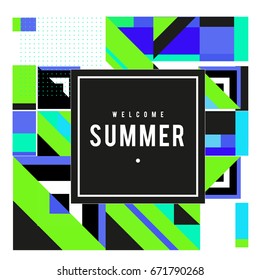 Trendy vector summer cards illustration with elements and abstract colorful textures. Design for holiday vacation poster, card, brochure, and promotion template. Fashion art print and background.