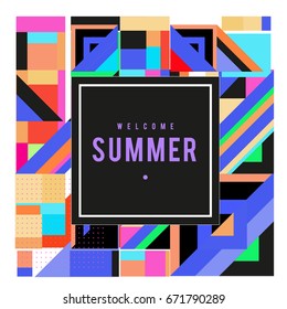 Trendy vector summer cards illustration with elements and abstract colorful textures. Design for holiday vacation poster, card, brochure, and promotion template. Fashion art print and background.