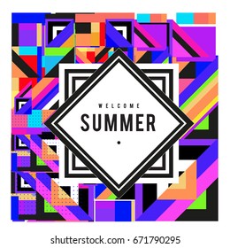 Trendy vector summer cards illustration with elements and abstract colorful textures. Design for holiday vacation poster, card, brochure, and promotion template. Fashion art print and background.