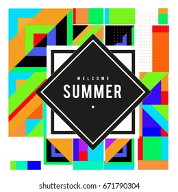 Trendy vector summer cards illustration with elements and abstract colorful textures. Design for holiday vacation poster, card, brochure, and promotion template. Fashion art print and background.