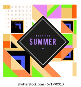 Trendy vector summer cards illustration with elements and abstract colorful textures. Design for holiday vacation poster, card, brochure, and promotion template. Fashion art print and background.