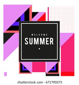 Trendy vector summer cards illustration with elements and abstract colorful textures. Design for holiday vacation poster, card, brochure, and promotion template. Fashion art print and background.