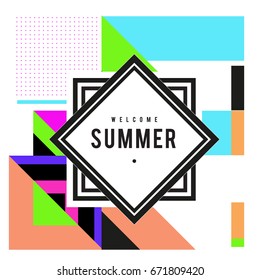 Trendy vector summer cards illustration with elements and abstract colorful textures. Design for holiday vacation poster, card, brochure, and promotion template. Fashion art print and background.