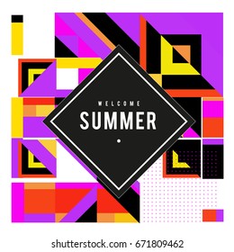 Trendy vector summer cards illustration with elements and abstract colorful textures. Design for holiday vacation poster, card, brochure, and promotion template. Fashion art print and background.