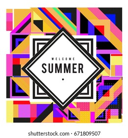 Trendy vector summer cards illustration with elements and abstract colorful textures. Design for holiday vacation poster, card, brochure, and promotion template. Fashion art print and background.
