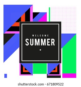 Trendy vector summer cards illustration with elements and abstract colorful textures. Design for holiday vacation poster, card, brochure, and promotion template. Fashion art print and background.