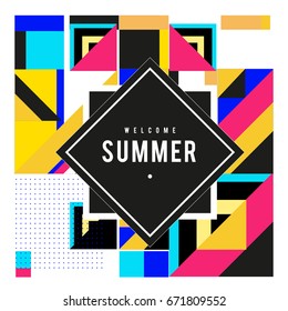 Trendy vector summer cards illustration with elements and abstract colorful textures. Design for holiday vacation poster, card, brochure, and promotion template. Fashion art print and background.