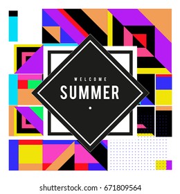 Trendy vector summer cards illustration with elements and abstract colorful textures. Design for holiday vacation poster, card, brochure, and promotion template. Fashion art print and background.
