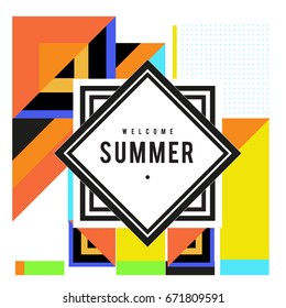 Trendy vector summer cards illustration with elements and abstract colorful textures. Design for holiday vacation poster, card, brochure, and promotion template. Fashion art print and background.