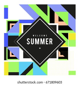 Trendy vector summer cards illustration with elements and abstract colorful textures. Design for holiday vacation poster, card, brochure, and promotion template. Fashion art print and background.