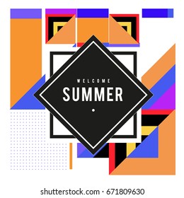 Trendy vector summer cards illustration with elements and abstract colorful textures. Design for holiday vacation poster, card, brochure, and promotion template. Fashion art print and background.