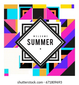 Trendy vector summer cards illustration with elements and abstract colorful textures. Design for holiday vacation poster, card, brochure, and promotion template. Fashion art print and background.