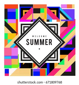 Trendy vector summer cards illustration with elements and abstract colorful textures. Design for holiday vacation poster, card, brochure, and promotion template. Fashion art print and background.