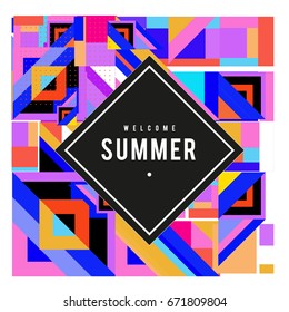 Trendy vector summer cards illustration with elements and abstract colorful textures. Design for holiday vacation poster, card, brochure, and promotion template. Fashion art print and background.