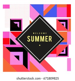 Trendy vector summer cards illustration with elements and abstract colorful textures. Design for holiday vacation poster, card, brochure, and promotion template. Fashion art print and background.