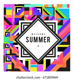 Trendy vector summer cards illustration with elements and abstract colorful textures. Design for holiday vacation poster, card, brochure, and promotion template. Fashion art print and background.