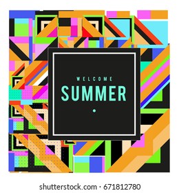 Trendy vector summer cards illustration with elements and abstract colorful textures. Design for holiday vacation poster, card, brochure, and promotion template. Fashion art print and background.