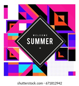 Trendy vector summer cards illustration with elements and abstract colorful textures. Design for holiday vacation poster, card, brochure, and promotion template. Fashion art print and background.