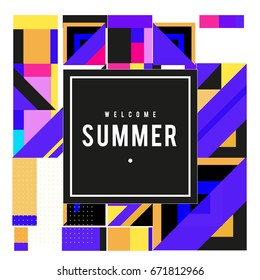 Trendy vector summer cards illustration with elements and abstract colorful textures. Design for holiday vacation poster, card, brochure, and promotion template. Fashion art print and background.