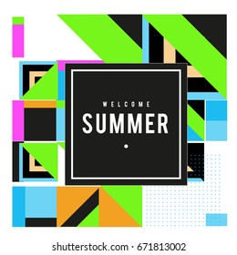 Trendy vector summer cards illustration with elements and abstract colorful textures. Design for holiday vacation poster, card, brochure, and promotion template. Fashion art print and background.