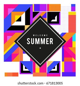 Trendy vector summer cards illustration with elements and abstract colorful textures. Design for holiday vacation poster, card, brochure, and promotion template. Fashion art print and background.
