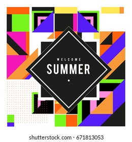 Trendy vector summer cards illustration with elements and abstract colorful textures. Design for holiday vacation poster, card, brochure, and promotion template. Fashion art print and background.