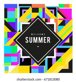 Trendy vector summer cards illustration with elements and abstract colorful textures. Design for holiday vacation poster, card, brochure, and promotion template. Fashion art print and background.