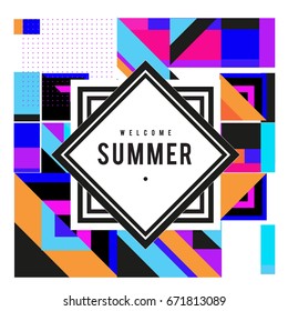 Trendy vector summer cards illustration with elements and abstract colorful textures. Design for holiday vacation poster, card, brochure, and promotion template. Fashion art print and background.