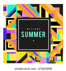 Trendy vector summer cards illustration with elements and abstract colorful textures. Design for holiday vacation poster, card, brochure, and promotion template. Fashion art print and background.