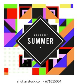 Trendy vector summer cards illustration with elements and abstract colorful textures. Design for holiday vacation poster, card, brochure, and promotion template. Fashion art print and background.