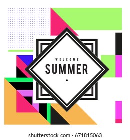 Trendy vector summer cards illustration with elements and abstract colorful textures. Design for holiday vacation poster, card, brochure, and promotion template. Fashion art print and background.