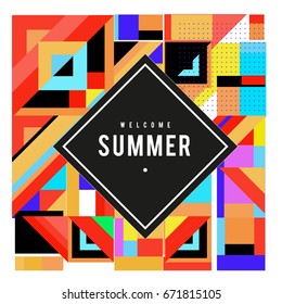 Trendy vector summer cards illustration with elements and abstract colorful textures. Design for holiday vacation poster, card, brochure, and promotion template. Fashion art print and background.
