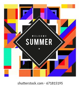 Trendy vector summer cards illustration with elements and abstract colorful textures. Design for holiday vacation poster, card, brochure, and promotion template. Fashion art print and background.