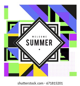 Trendy vector summer cards illustration with elements and abstract colorful textures. Design for holiday vacation poster, card, brochure, and promotion template. Fashion art print and background.